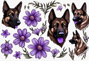 Dark brown German Shepherd with purple daisies tattoo idea
