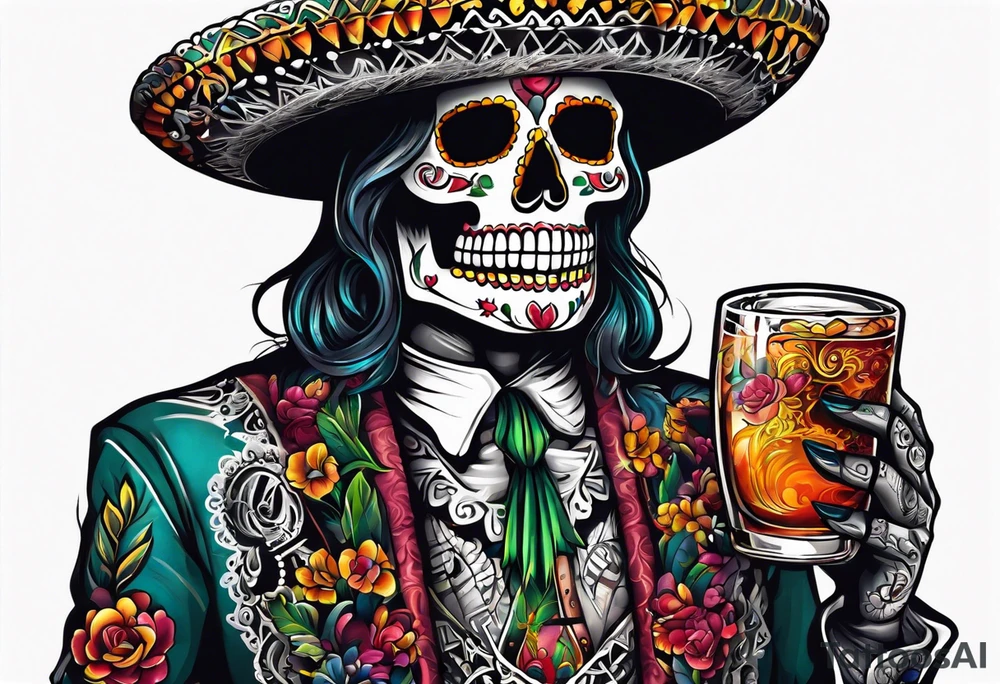 Mexico day of dead  man standing
 skeleton drink 4x6 cm tattoo idea