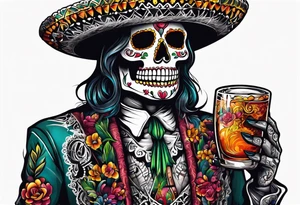 Mexico day of dead  man standing
 skeleton drink 4x6 cm tattoo idea