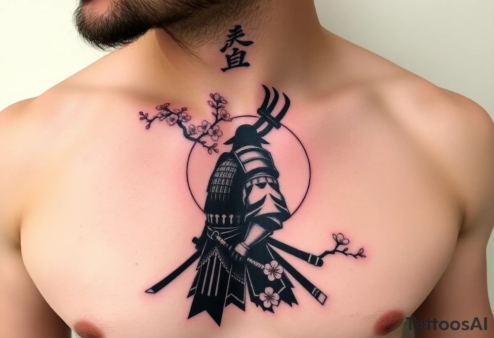 noble samurai warrior silhouette at sunset with cherry blossoms tattoo idea