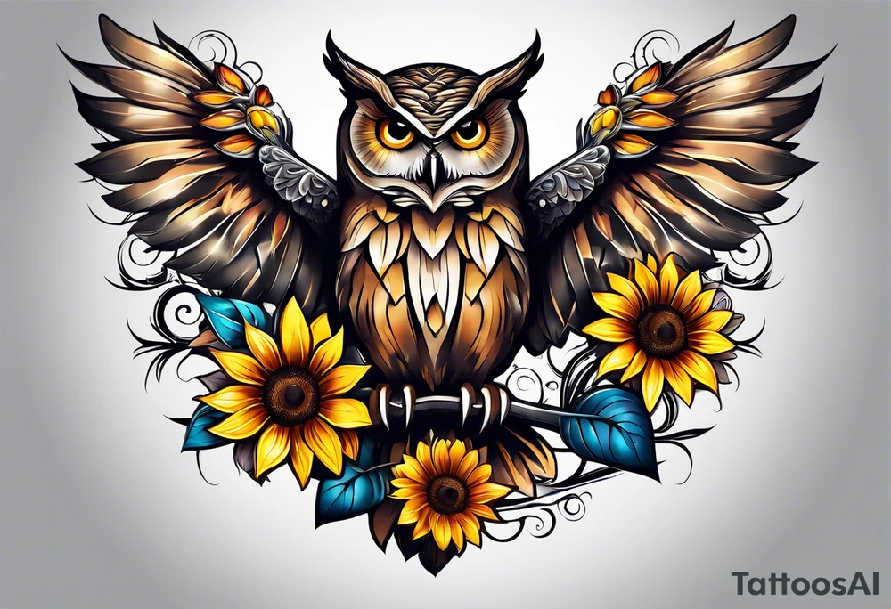 Sleeve with an owl, sunflower and butterfly tattoo idea