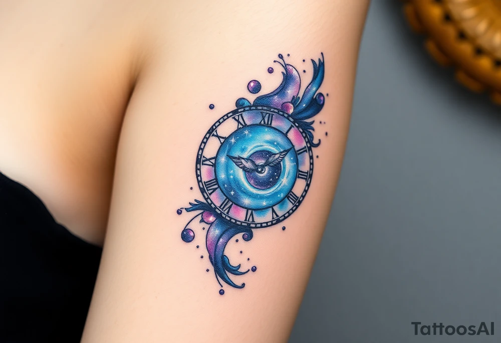 A clock made from swirling galaxies, symbolizing a love that was destined in the stars, in deep blues, purples, and silver tattoo idea