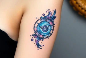 A clock made from swirling galaxies, symbolizing a love that was destined in the stars, in deep blues, purples, and silver tattoo idea