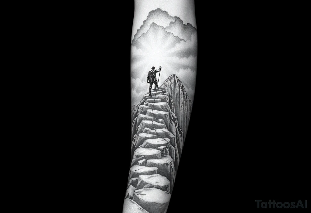 A black and grey tattoo sleeve design featuring a rugged mountain path winding upwards, symbolizing perseverance. A lone figure climbs the path with torn but determined hands gripping a rope. The background fades into storm clouds with rays of light breaking through, symbolizing divine favor. The texture of the tattoo is realistic with fine details, blending elements of stoicism, grit, and faith. The design flows seamlessly from forearm to upper arm, with darker tones at the bottom and lighter tones at the top. tattoo idea
