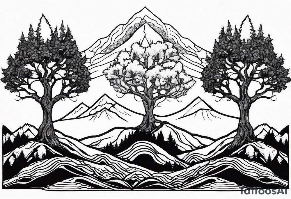 Three mountains three trees with roots tattoo idea