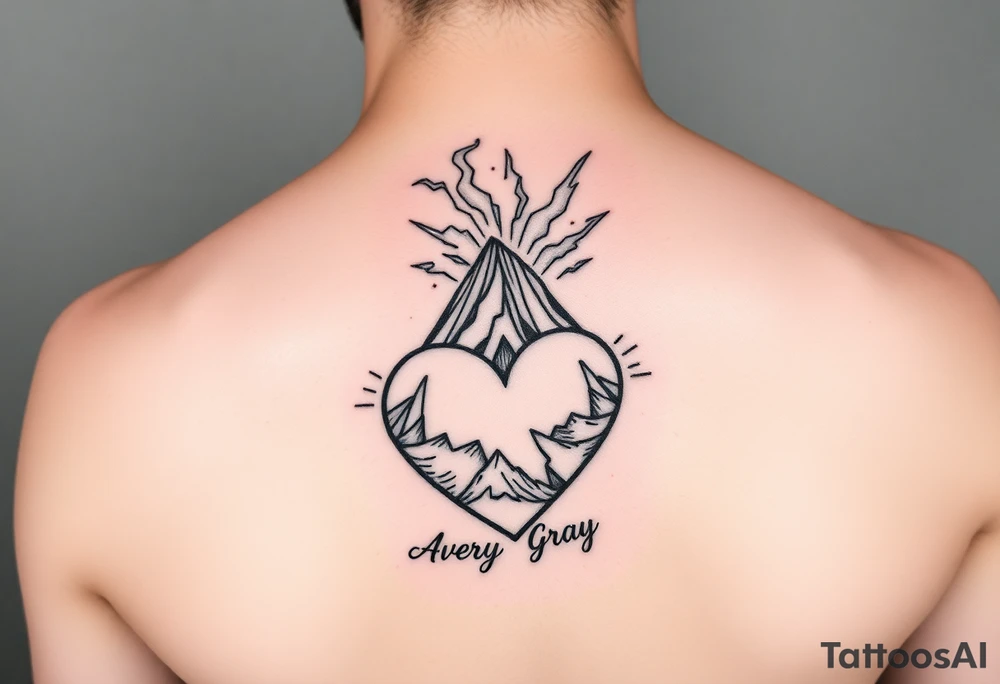 Female Geometric Volcano tattoo erupting in a heart with text Avery Gray tattoo idea