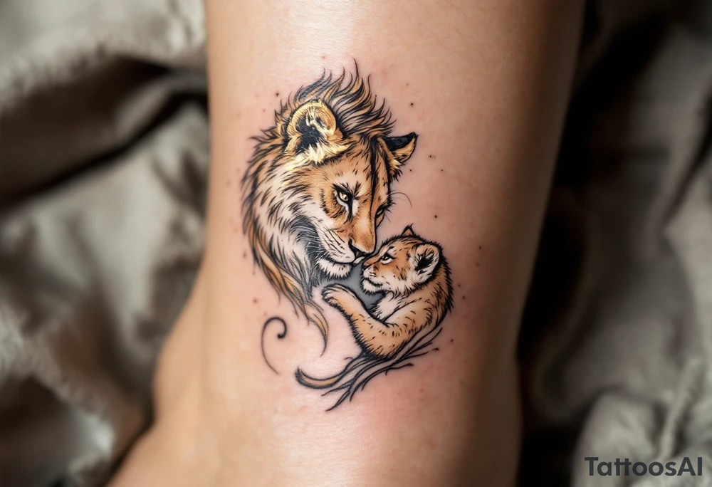 A mother lioness in golden ink nuzzling her cub with protective eyes symbolizes fierce maternal strength. tattoo idea
