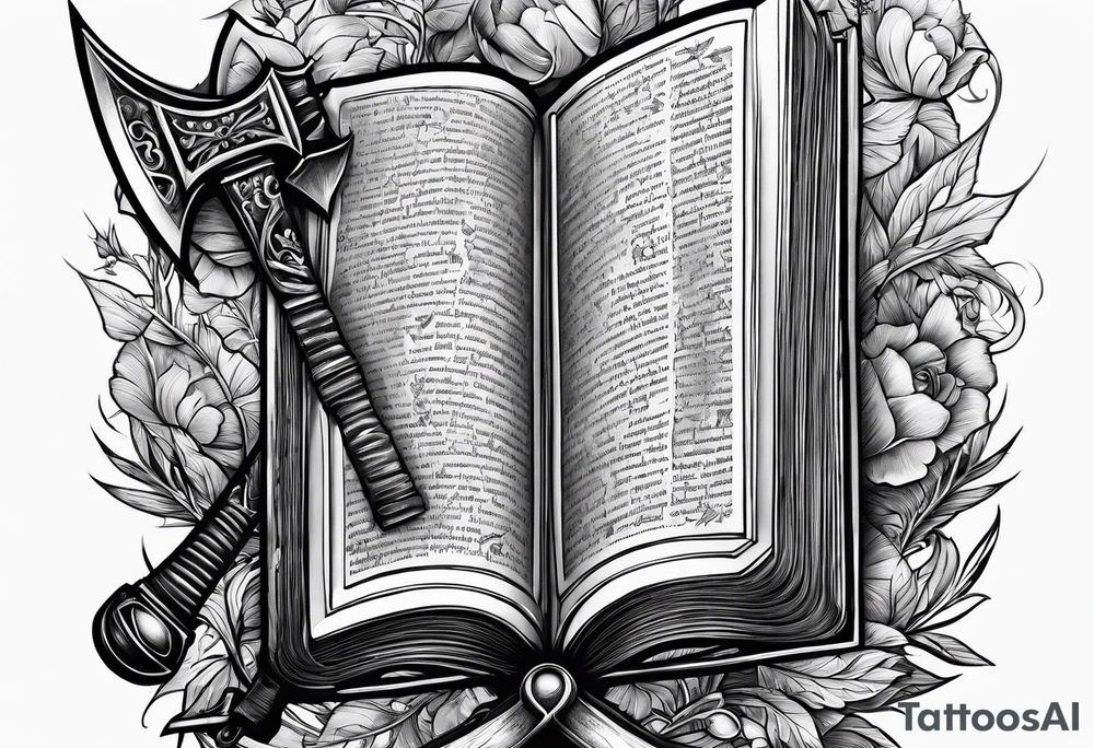 An opened bible with a battle Axe tattoo idea