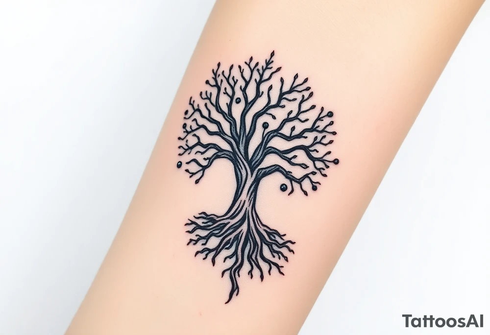 mystical tree of life with cosmic roots and celestial branches tattoo idea