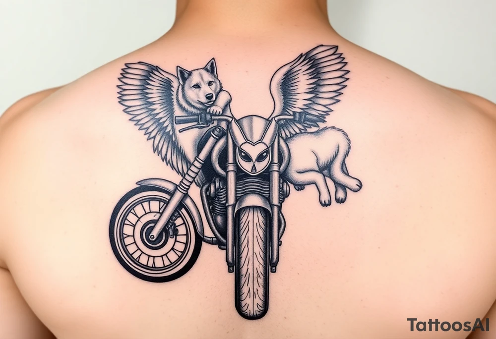 a motorcycle on it with guardian angel wolves on the bike tattoo idea