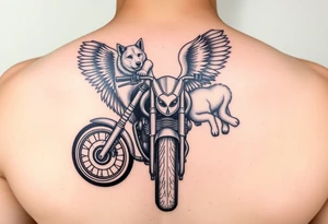 a motorcycle on it with guardian angel wolves on the bike tattoo idea