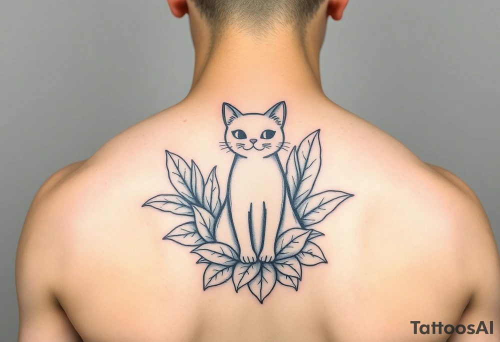 Minimalist cartoon style tattoo of a nebulung cat surrounded but house plants with huge leaves tattoo idea