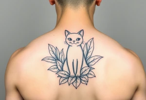 Minimalist cartoon style tattoo of a nebulung cat surrounded but house plants with huge leaves tattoo idea
