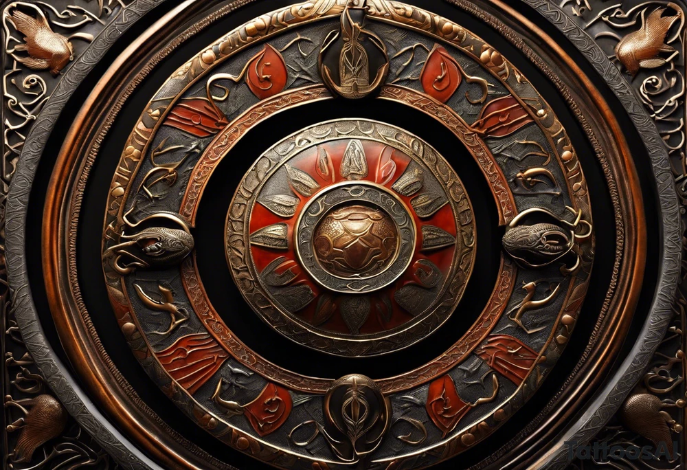 A shield with intricate patterns and engravings, adorned with coiled snakes and scorpions underneath. Rays of light emanate from the shield, signifying spiritual power.Contrast: Bold outlines for the shield and creatures, with detailed patterns.
Detail: Delicately depict the scales of snakes and the segmented bodies of scorpions. tattoo idea