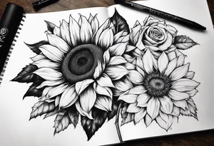 Sunflower, book, flower rose rose & bleu tattoo idea