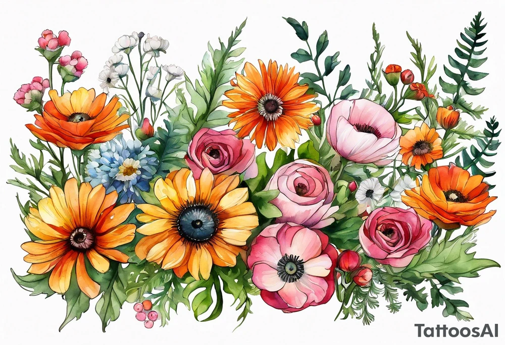 simple wildflowers with thistles, ferns, ranuculus, white anemones, sun flowers, red flowers, pink flowers, green flowers, buttercups, orange flowers, babys breath and daisies all in watercolor tattoo idea