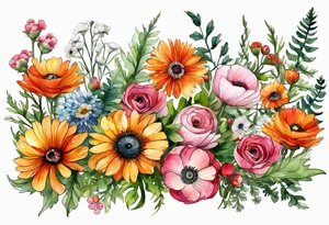 simple wildflowers with thistles, ferns, ranuculus, white anemones, sun flowers, red flowers, pink flowers, green flowers, buttercups, orange flowers, babys breath and daisies all in watercolor tattoo idea