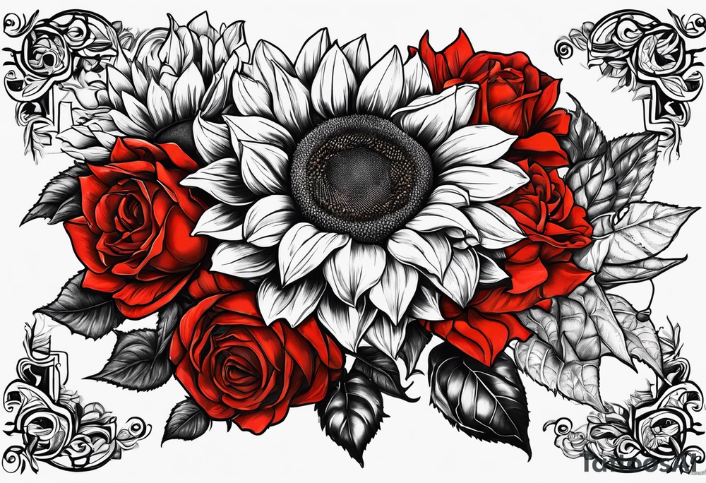 Sunflower and roses with the name Arianna in red scrip letters and “you are my sunshine” tattoo idea
