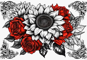 Sunflower and roses with the name Arianna in red scrip letters and “you are my sunshine” tattoo idea