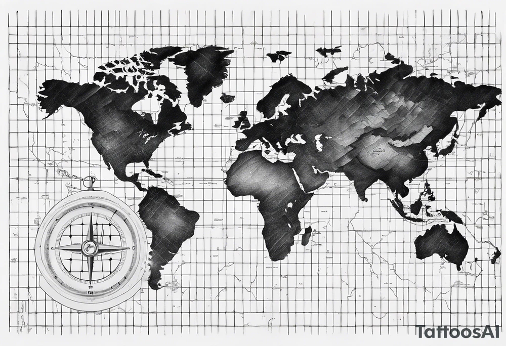 a flat map of the earth on a small fading grid with one small compass in the corner that would go on a left pec tattoo idea