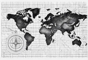 a flat map of the earth on a small fading grid with one small compass in the corner that would go on a left pec tattoo idea