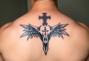 Leviathan cross etched on ravens skull tattoo idea