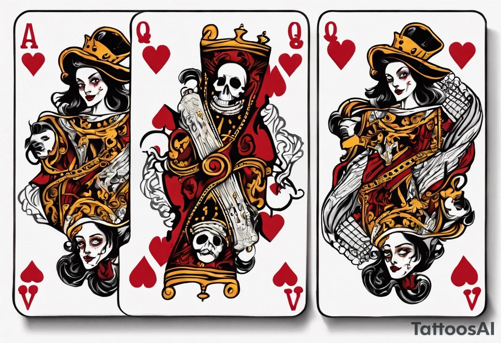 A playing card that is the queen of hearts. The two faces on the card are famous pirates Mary Read and Anne Bonny tattoo idea