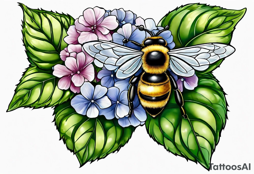 Small tattoo. There’s a hydrangea and a bee but they are not touching. Make the bee smaller than the hydrangea and have the bee off to the side. Bee is smaller than the hydrangea tattoo idea