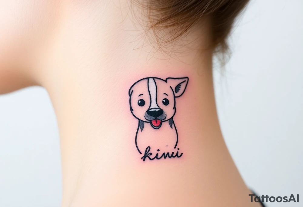 One line tattoo of female dog with white strip going up dog’s snout slightly off centered. With tongue slightly out and the name kiwi tattoo idea