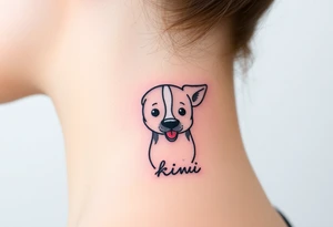 One line tattoo of female dog with white strip going up dog’s snout slightly off centered. With tongue slightly out and the name kiwi tattoo idea