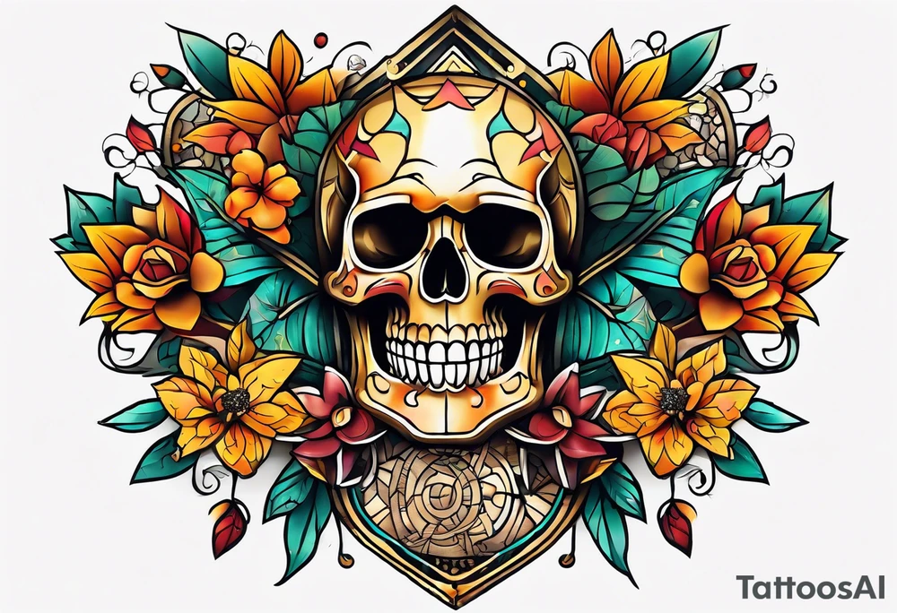 old school center knee tattoo with fall colors, flowers, skulls and geometric shapes. tattoo idea