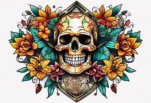 old school center knee tattoo with fall colors, flowers, skulls and geometric shapes. tattoo idea