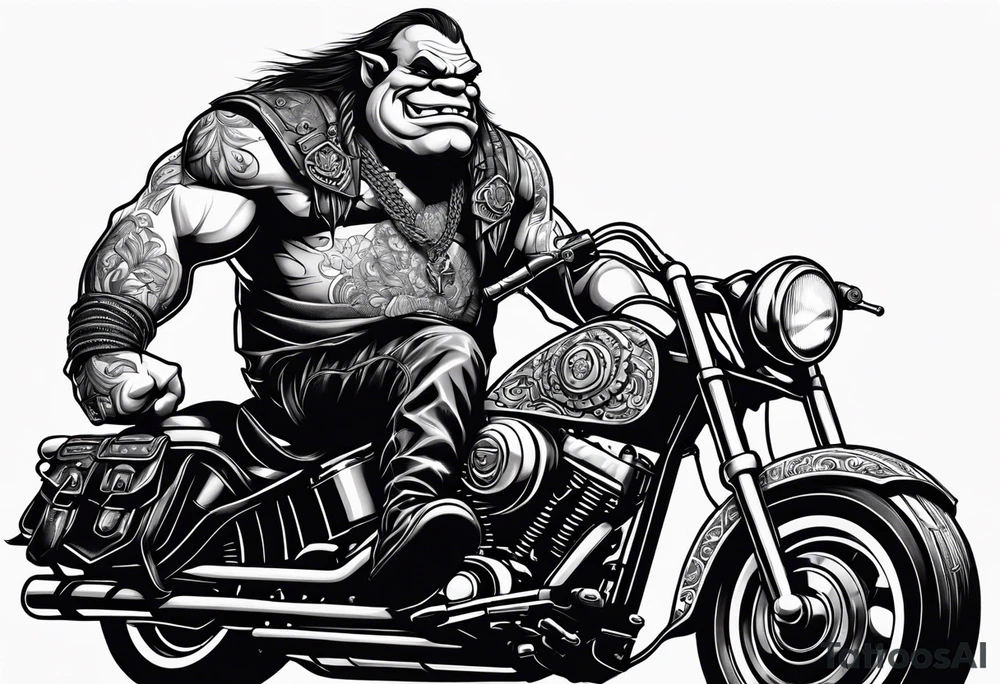 Ogre wearing leather riding a Harley Davidson tattoo idea