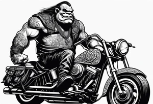 Ogre wearing leather riding a Harley Davidson tattoo idea
