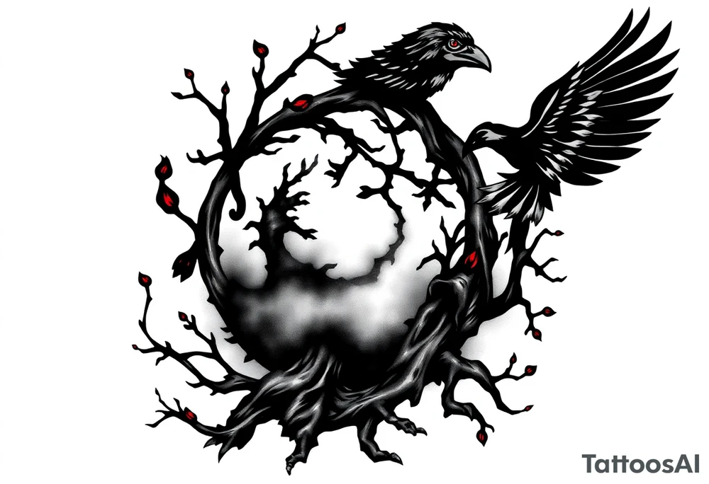 Tattoo design combining a black spiral, nature elements like roots, vines, fog, and flowing water, mythological symbols like Norse runes, a raven, and a shadowy wolf spirit. Include anime elements from Naruto and One Piece: Sharingan eye, chakra flames, Itachi silhouette, Kurama, Luffy in Gear 5, and Zoro’s swords. Style should be black and grey with red highlights, mystical, powerful, and artistic – blending nature, mythology, and anime tattoo idea