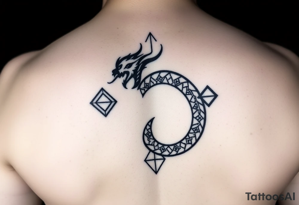 Ouroborous or dragon/serpent/snake eating its own tail in a figure 8 in negative space with geometric patterns on a leg tattoo design tattoo idea