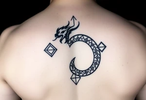 Ouroborous or dragon/serpent/snake eating its own tail in a figure 8 in negative space with geometric patterns on a leg tattoo design tattoo idea