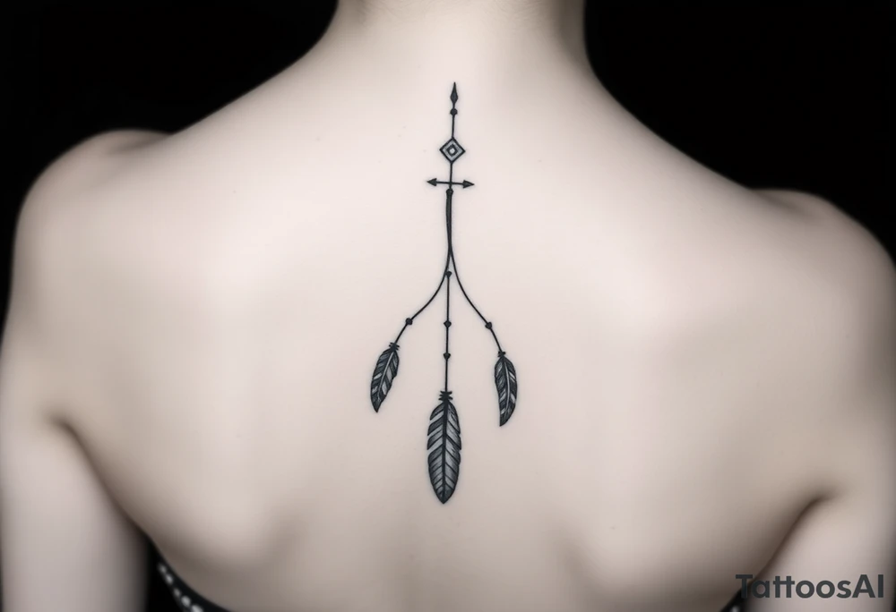 Thin spinal tattoo following down the spine in a native style with multiple different lengths flowing lines made of a discreet connection of morse code ".--- .- --.     .-.. ... -.- .- .-.   -.. .. --.     .-.. .. .-.. .-.. . -... .-. --- .-. forming 3 arrow shapes connected to flowing feathers hanging from the morse code lines tattoo idea