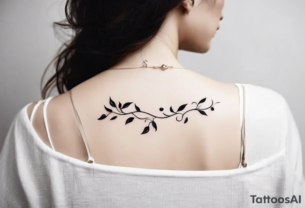 Design a minimalistic vine tattoo for the collarbone. The vine should be delicate, with thin lines and small leaves. It should follow the natural curve of the collarbone, with a subtle and organic flow. No flowers, just simple, clean lines to create an elegant look." tattoo idea