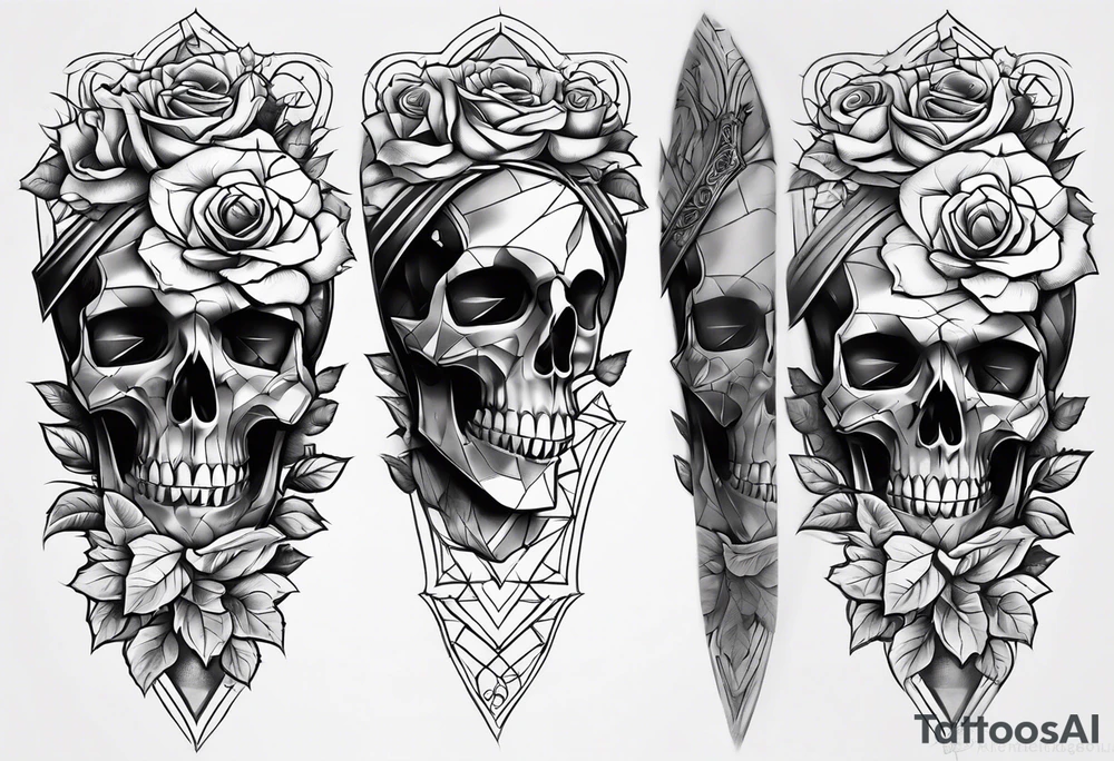tattoo fool sleeve, old broken gothic home, broken sword, roses tattoo idea