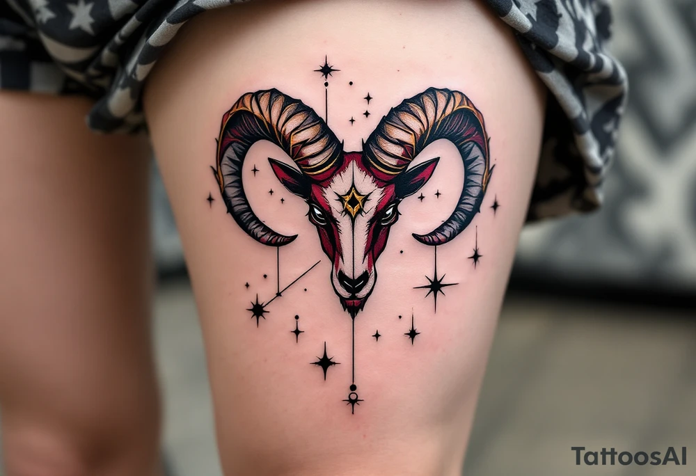 A vibrant Aries zodiac tattoo features the Aries star constellation in gold lines with a fierce ram silhouette in maroon. tattoo idea