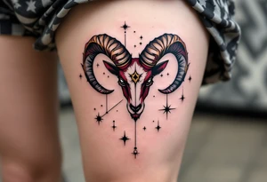 A vibrant Aries zodiac tattoo features the Aries star constellation in gold lines with a fierce ram silhouette in maroon. tattoo idea