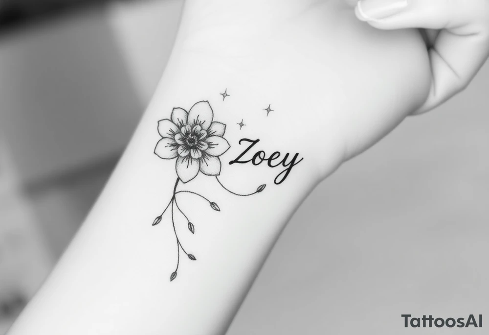 I want it on my wrist. I want a beautiful flower on the inside of my wrist with tendrils down the inside of my arm with little delicate stars or motes and the name Zoey

Why are you showing it on a back? I want it on the inside of my wrist

I want it to be a little smaller. I want the lines to be super fine. I want more organic delicate tendrils. The name Zoey should be about 3" up on the inside of my arm 

I just want the tendrils to look more natural and flowy and graceful.
I do not want stars in it anymore. 
Please show it on the inside of the wrist with the blossom just below the palm and the tendrils curling up the inside of the arm. I want a little more tendrils with some little sparkles very delicate leading to the name tattoo idea