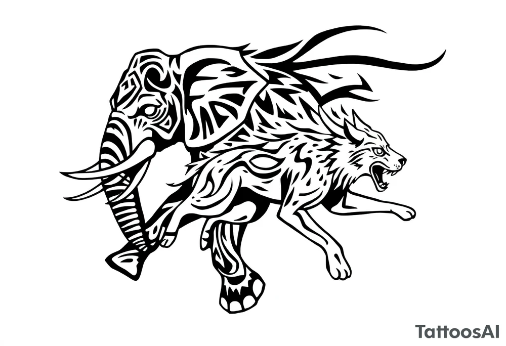 elephant and a wolf running together tattoo idea