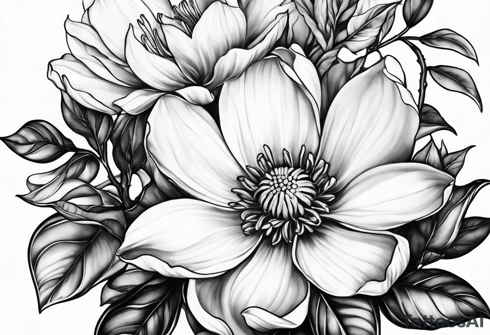 Floral design with a lilac magnolia Azalea Lisanthus sunflower tattoo idea