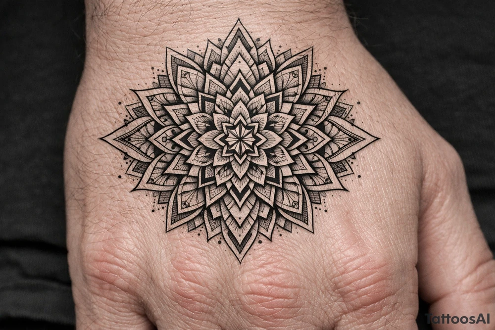 Geometric mandala extension — continuing an existing hand mandala outward with linework petals, sacred-geometry fillers and dotwork shading into the empty skin., Blackwork / geometric dotwork, fine linework, symmetrical mandala style tattoo idea