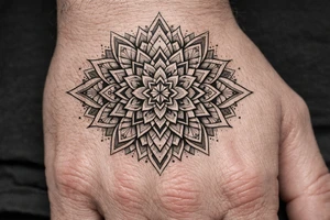 Geometric mandala extension — continuing an existing hand mandala outward with linework petals, sacred-geometry fillers and dotwork shading into the empty skin., Blackwork / geometric dotwork, fine linework, symmetrical mandala style tattoo idea