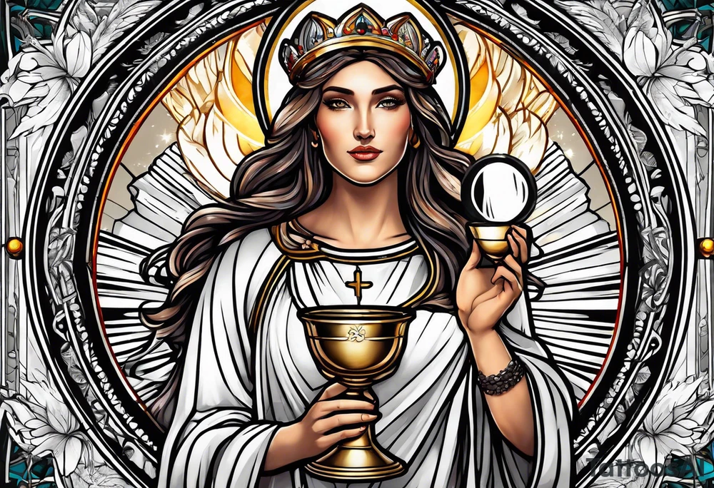 holy saint woman with halo holding a chalice tattoo idea