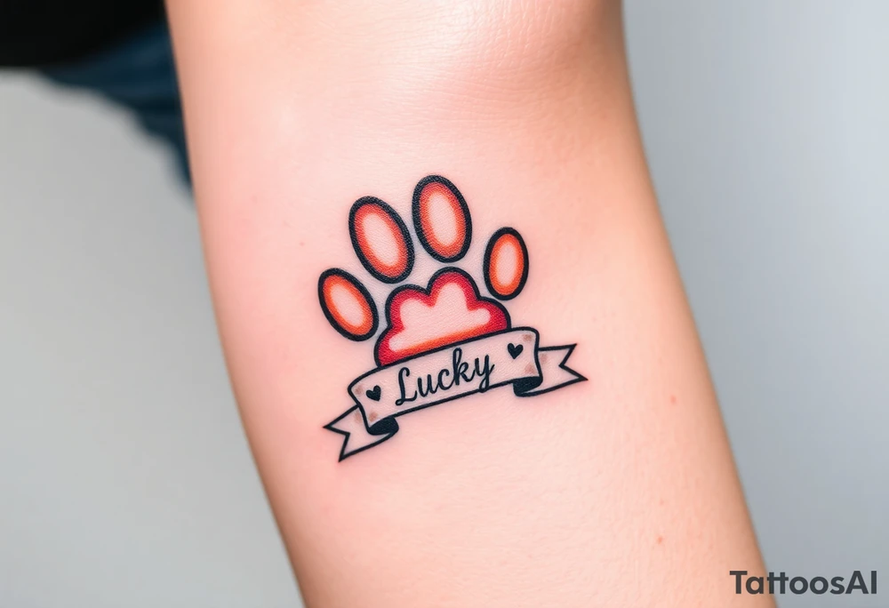 A paw print intertwined with a hearts and ribbon bearing a name Lucky, using a soft gradient of peach and rose gold tattoo idea