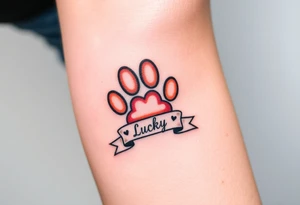 A paw print intertwined with a hearts and ribbon bearing a name Lucky, using a soft gradient of peach and rose gold tattoo idea